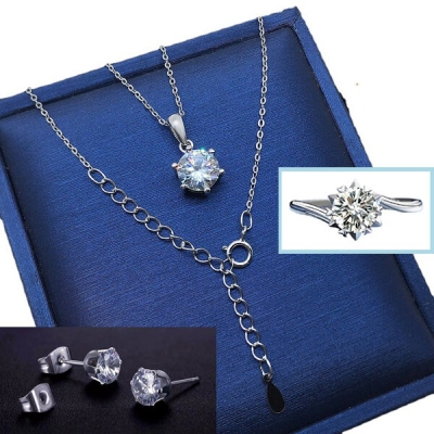Picture of Adjustable Finger Ring Earrings and Chain With Six-Claws Locket Necklace Set B1 Versatile Personality Autumn Retro Pendant Daily Life Jewelry Accessories Birthday Wedding Engagement Bridal Party Amazing Gift Item for Women Silver Color