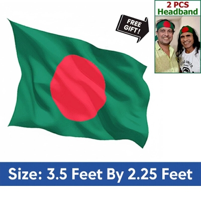 Picture of Bangladesh Flag (3.5 by 2.25) Feet – Factory Direct Supply Bright Green & Red Premium Quality Potaka for School Presentation Victory Day Programs Decoration Creative Projects and Craft Designs + Free Gift - 2  PCS Headband!