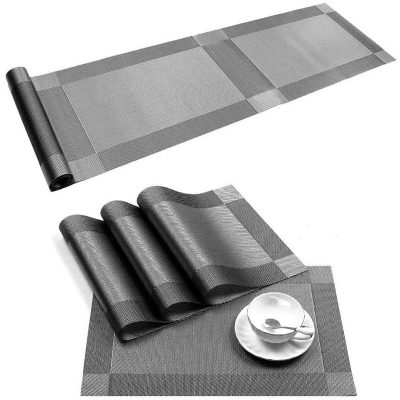 Picture of 6 Dinning Table Mat With 1 Runner (6+1=7 Pcs) Table Mats Set - PVC Rectangular Vintage Woven Washable Mats