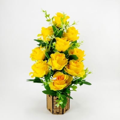 Picture of Artificial Sunflower In Wooden Round Tob 14inc/36cm For any Kind Of Decoration - Home Decoration Item, jime shops sunflower (10 Y Roses)