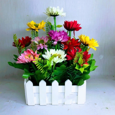 Picture of Artificial Multicolor Flower Arrangement in White Fence Pot, 10 in flower tob by jime shops (Daisy)