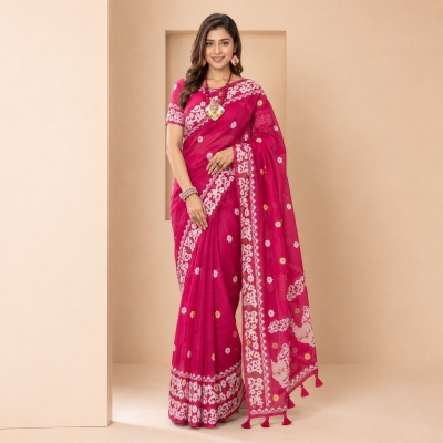 Picture of Hamim Fashion High-Quality Half-Silk Skin Print Saree (Tassels on the Achal) - 13 Haat