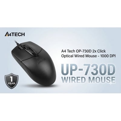 Picture of A4tech OP-730D 2x Click Optical Wired Mouse - 1000 DPI - Optical Sensor - Double click Button - 4-Way Wheel - Black (1 Year official warranty) USB 2X Click Optical Mouse
