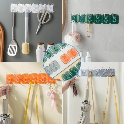 Picture of 6 PIC Six Hook Sticky Hanger, Multipurpose Wall Hooks, Transparent Plastic Duty Wall Hook for Kitchen Bathroom Office Storage, Wall Mounted Towel Hanger (Color: Random) Multicolor