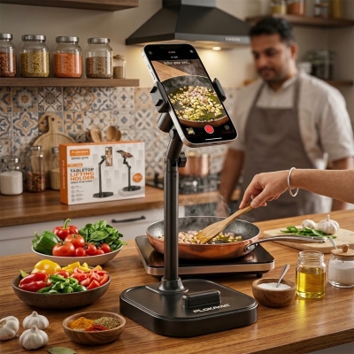 Picture of Plokama DT-100 Tabletop Lifting Mobile Holder for Cooking Videos - 360° Adjustable Desk Phone Stand for Kitchen & Food Vlogging-Black