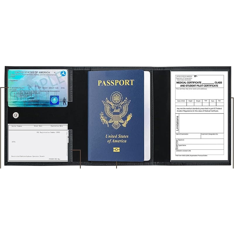 Picture of Genuine Leather Passport Cover with RFID Blocking , Pilot Wallet for Aviation Professionals, Pilot document holder Black