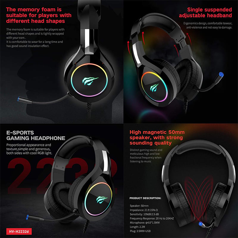 Picture of Havit Hv-H2232D Rgb 3 -5Mm Audio Jack + Usb Gaming Headphone - Elevate Gaming Experience With Havit'S Rgb Gaming Headphone Black