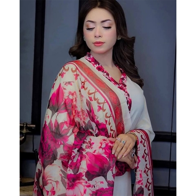 Picture of Exclusive Fashionable Stylish Three Piece Skin Print Silk Set for Women, Kamiz, Salwar, Orna in Muslin Cotton and Jorjet - White