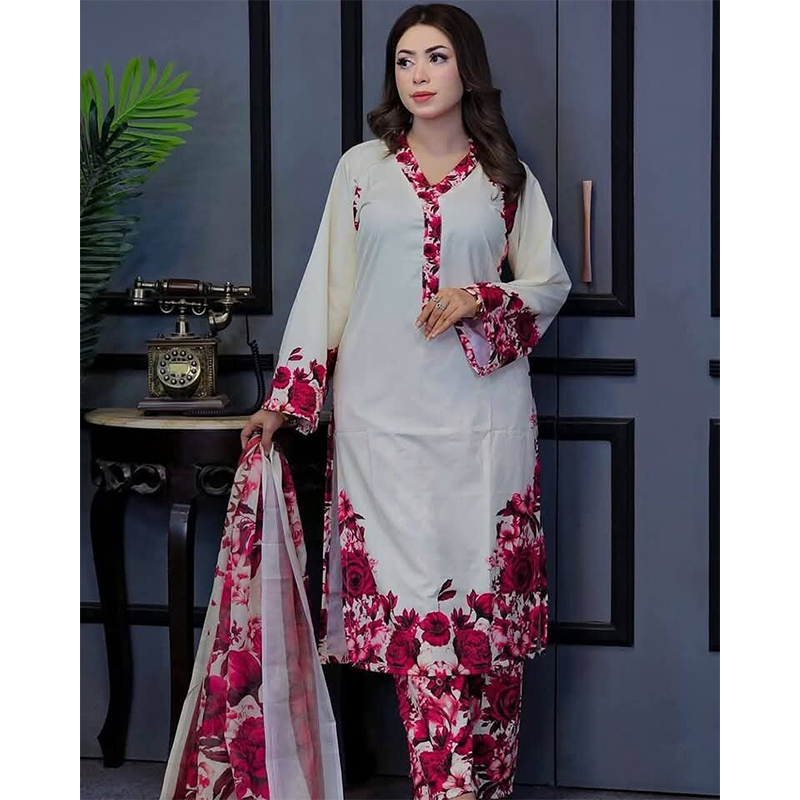 Picture of Exclusive Fashionable Stylish Three Piece Skin Print Silk Set for Women, Kamiz, Salwar, Orna in Muslin Cotton and Jorjet - White