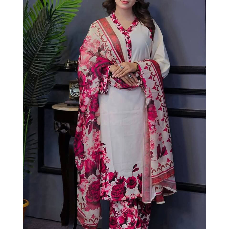 Picture of Exclusive Fashionable Stylish Three Piece Skin Print Silk Set for Women, Kamiz, Salwar, Orna in Muslin Cotton and Jorjet - White