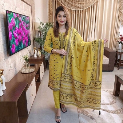 Picture of Cotton Unstitched 3pc Suit for Women All Season High Quality Cotton Exclusive  Skin Print Fashionable Stylish Comfortable Available in Multiple Colors