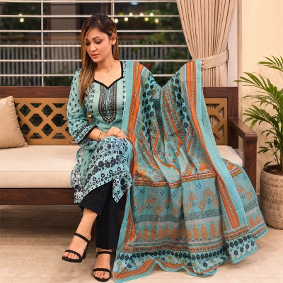 Picture of Exclusive Joypuri Cotton Unstitched Skin Print High Quality Three Piece For Women - Dress For Girls - 3 Pice Dress - Multicolor
