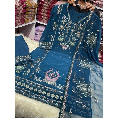 Picture of New EID Collection Sequence Readymade stylish Georgette - ORGANZA Three - Piece - Deep Teal Blue