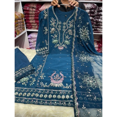 Picture of New EID Collection Sequence Readymade stylish Georgette - ORGANZA Three - Piece - Deep Teal Blue