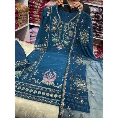 Picture of New EID Collection Sequence Readymade stylish Georgette - ORGANZA Three - Piece - Deep Teal Blue