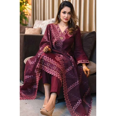 Picture of exclusive Cotton Unstitched Skin Print High Quality Three Piece For Women -Dress For Girls - 3 Pice Dress ( One Size)