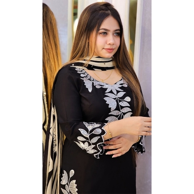 Picture of complete ready-to-wear three-piece collection featuring the latest designs with sequin and embroidery work. - Black