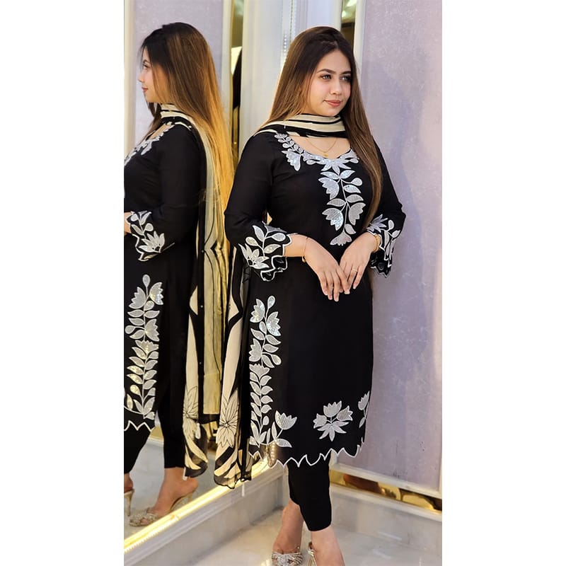 Picture of complete ready-to-wear three-piece collection featuring the latest designs with sequin and embroidery work. - Black