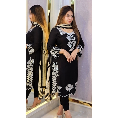 Picture of complete ready-to-wear three-piece collection featuring the latest designs with sequin and embroidery work. - Black