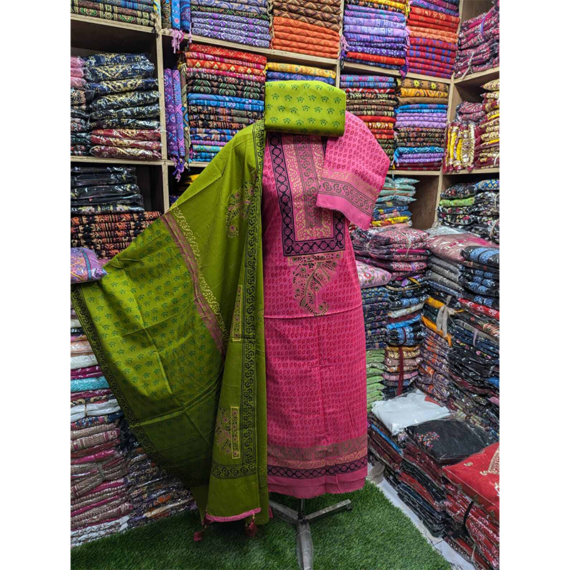 Picture of Classy Closet Premium Quality (VIP Block) Orbindu Cotton Block Printed Cotton Unstitched Three Piece for Women-Design ( One Size)