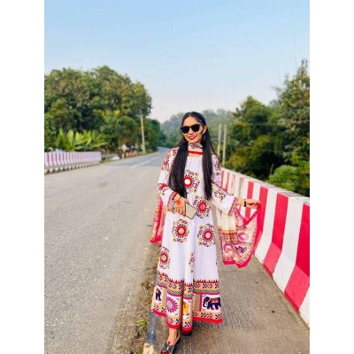 Picture of most popular gown collection for Puja and any other occasion—available exclusively from us and crafted in an authentic Indian style - White