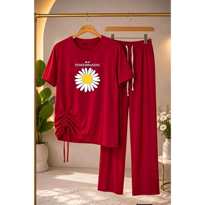 Picture of Red Ladies T shirt Drop shoulder &  pent  for women and Girls Sunflower printed by Sajify