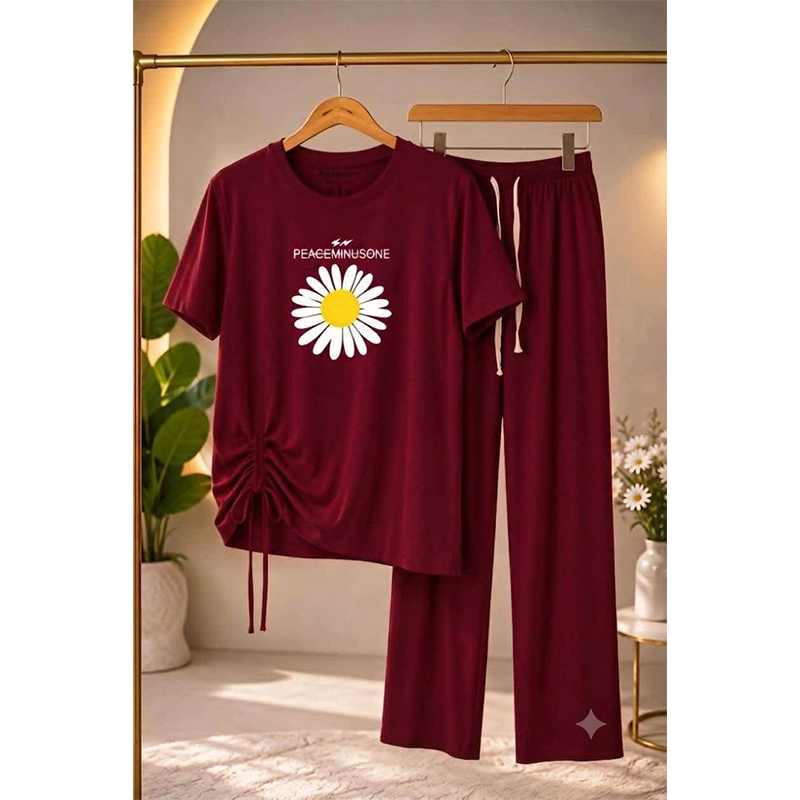 Picture of Red Ladies T shirt Drop shoulder &  pent  for women and Girls Sunflower printed by Sajify