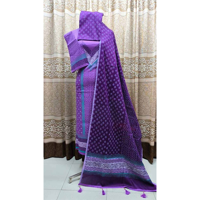 Picture of Classy Closet Premium Quality (VIP Block) Orbindu Cotton Block Printed Cotton Unstitched Three Piece for Women-Design ( One Size)