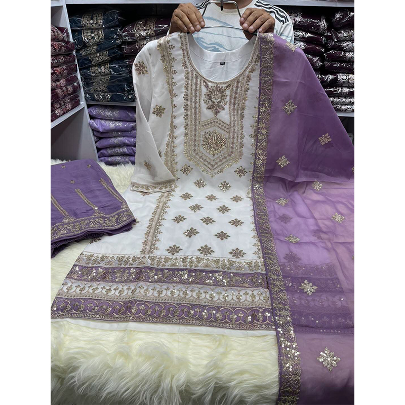 Picture of New EID Collection Sequence Readymade stylish Georgette - ORGANZA Three - Piece - White