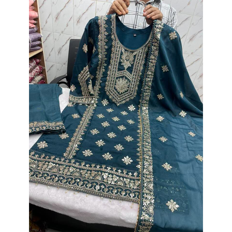 Picture of New EID Collection Sequence Readymade stylish Georgette - ORGANZA Three - Piece - Deep Teal Blue