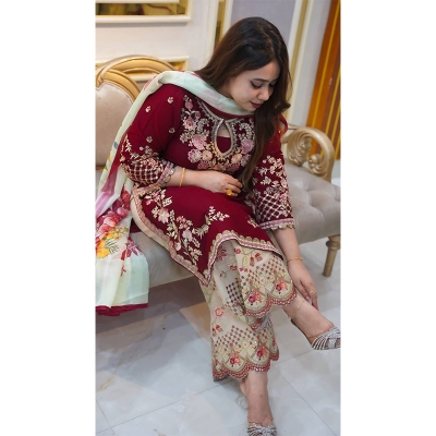 Picture of Elegant Merun Garara Cotton Embroidery Work Kamiz & Garara  Soft Gorget Dress Collection - Maroon