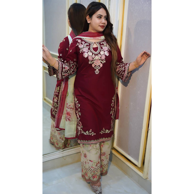 Picture of Elegant Merun Garara Cotton Embroidery Work Kamiz & Garara  Soft Gorget Dress Collection - Maroon