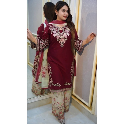 Picture of Elegant Merun Garara Cotton Embroidery Work Kamiz & Garara  Soft Gorget Dress Collection - Maroon