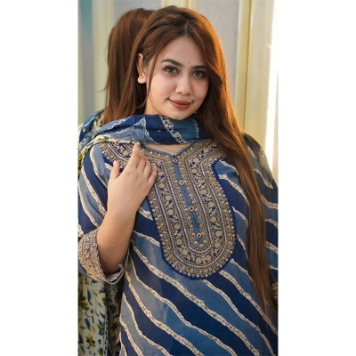 Picture of New Stylish Fashion and Upcoming Premium Luxury New Cotton Indri Pinned + Embroidery Work Stitched Readymade Three Piece Dress For Women