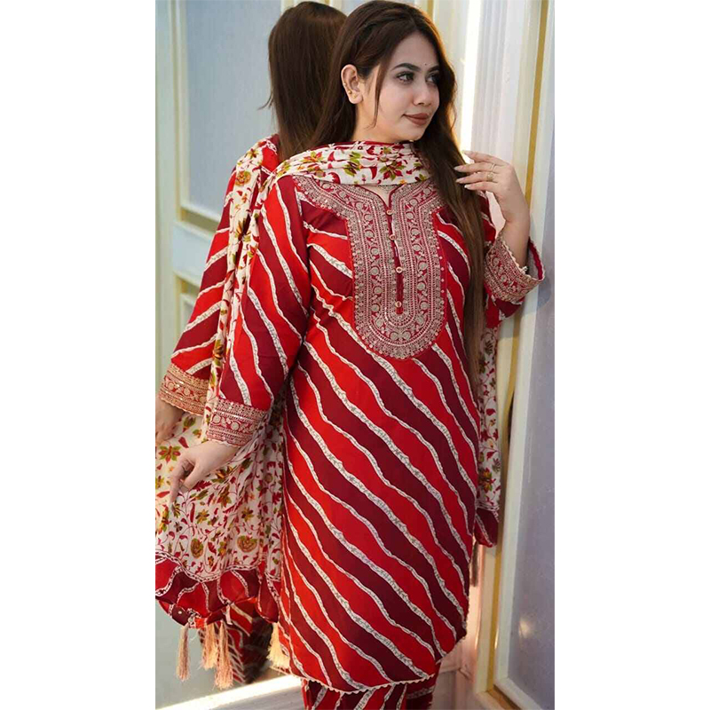 Picture of New Stylish Fashion and Upcoming Premium Luxury New Cotton Indri Pinned + Embroidery Work Stitched Readymade Three Piece Dress For Women