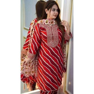Picture of New Stylish Fashion and Upcoming Premium Luxury New Cotton Indri Pinned + Embroidery Work Stitched Readymade Three Piece Dress For Women