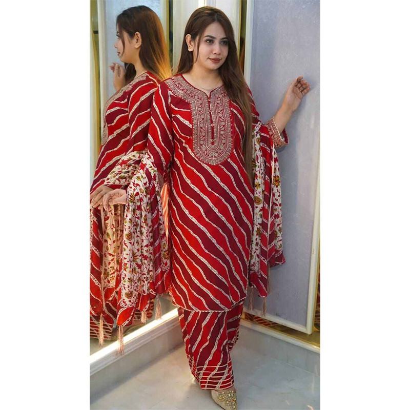 Picture of New Stylish Fashion and Upcoming Premium Luxury New Cotton Indri Pinned + Embroidery Work Stitched Readymade Three Piece Dress For Women