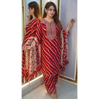 Picture of New Stylish Fashion and Upcoming Premium Luxury New Cotton Indri Pinned + Embroidery Work Stitched Readymade Three Piece Dress For Women