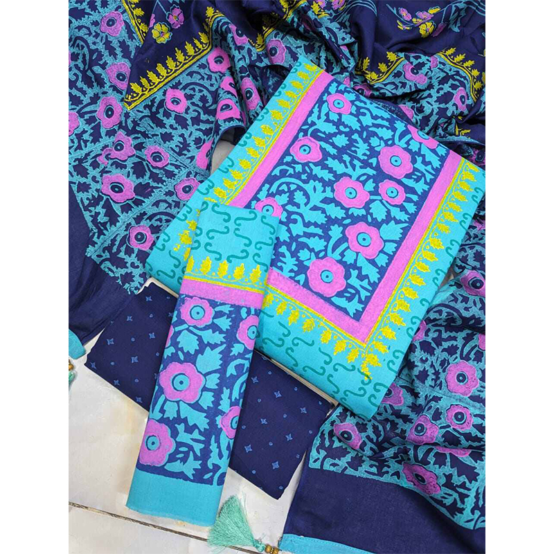 Picture of Exclusive Cotton Unstitched Block Print High Quality Three Piece dress For Women classy closet - Multicolor