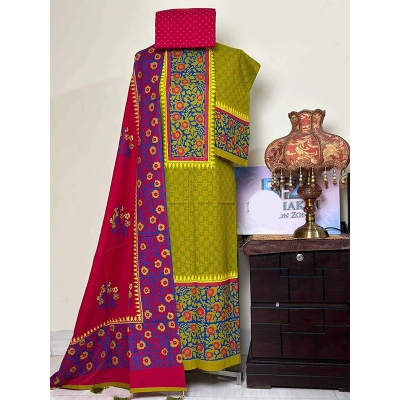 Picture of Exclusive Cotton Unstitched Block Print High Quality Three Piece dress For Women classy closet - Multicolor