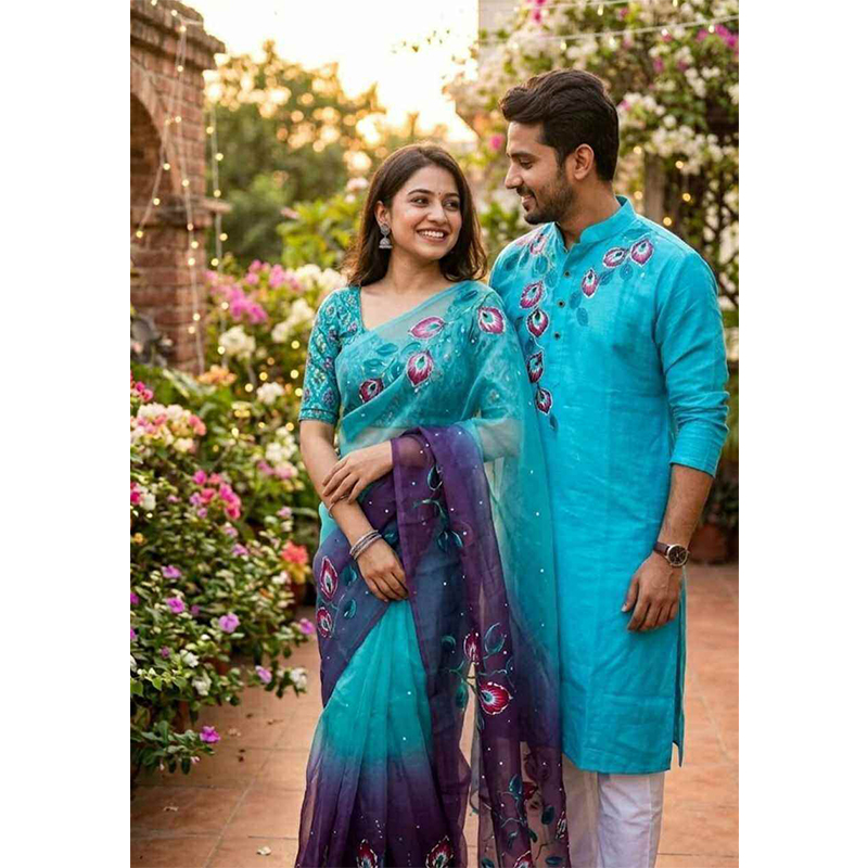 Picture of New Exclusive Designer Half Silk Hand Print Saree And Dhupian Panjabi For Combo Couple Men and Women