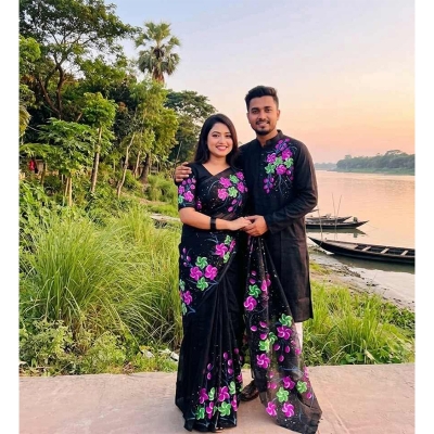 Picture of New Exclusive Designer Half Silk Hand Print Saree And Dhupian Panjabi For Combo Couple Men and Women