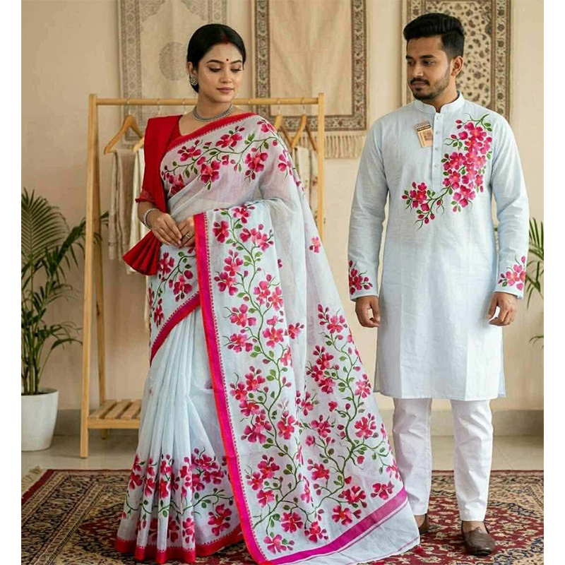 Picture of New Exclusive Designer Half Silk Hand Print Saree And Dhupian Panjabi For Combo Couple Men and Women
