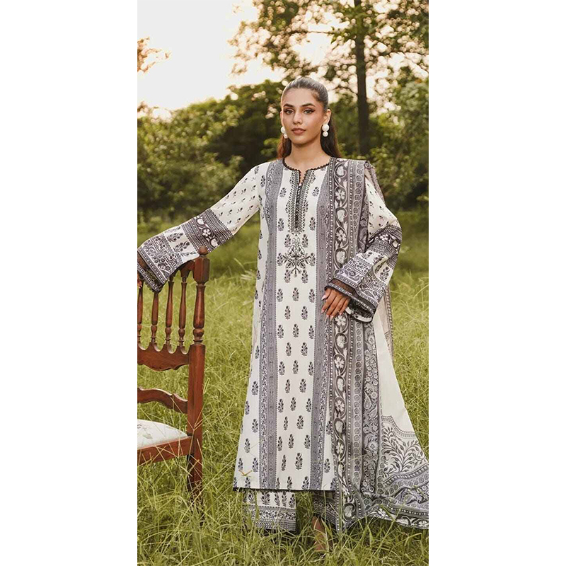 Picture of Readymade Exclusive Cotton Unstitched Skin Print High Quality Three Piece For Women - White