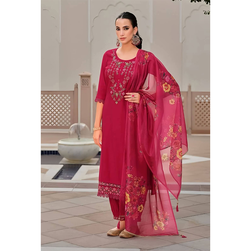 Picture of New Collection Ready Made Linen Three Piece For Women - Rose Red (40)