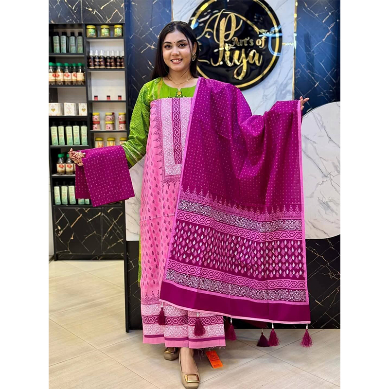 Picture of Exclusive Cotton Unstitched Block Print High Quality Three Piece dress For Women