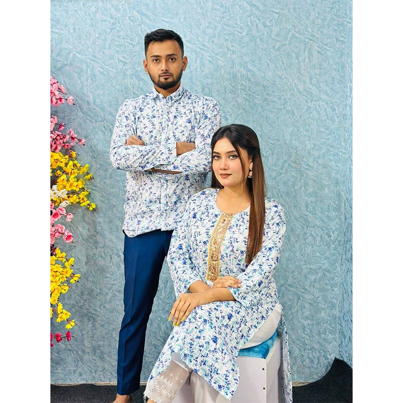 Picture of eadymade Muslin Cotton Fabrics Couple Set, Matching Dress, Traditional Dress, Kamiz, Sallower and Shirt- Digital Print For Women/Man