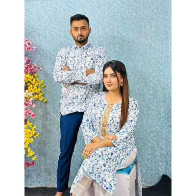 Picture of eadymade Muslin Cotton Fabrics Couple Set, Matching Dress, Traditional Dress, Kamiz, Sallower and Shirt- Digital Print For Women/Man