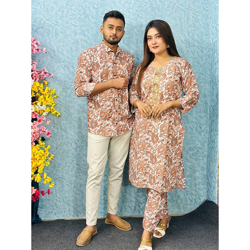 Picture of eadymade Muslin Cotton Fabrics Couple Set, Matching Dress, Traditional Dress, Kamiz, Sallower and Shirt- Digital Print For Women/Man