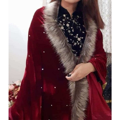 Picture of Indian New Velvet Shawls With Stone Work Fabric For Women in Winter
